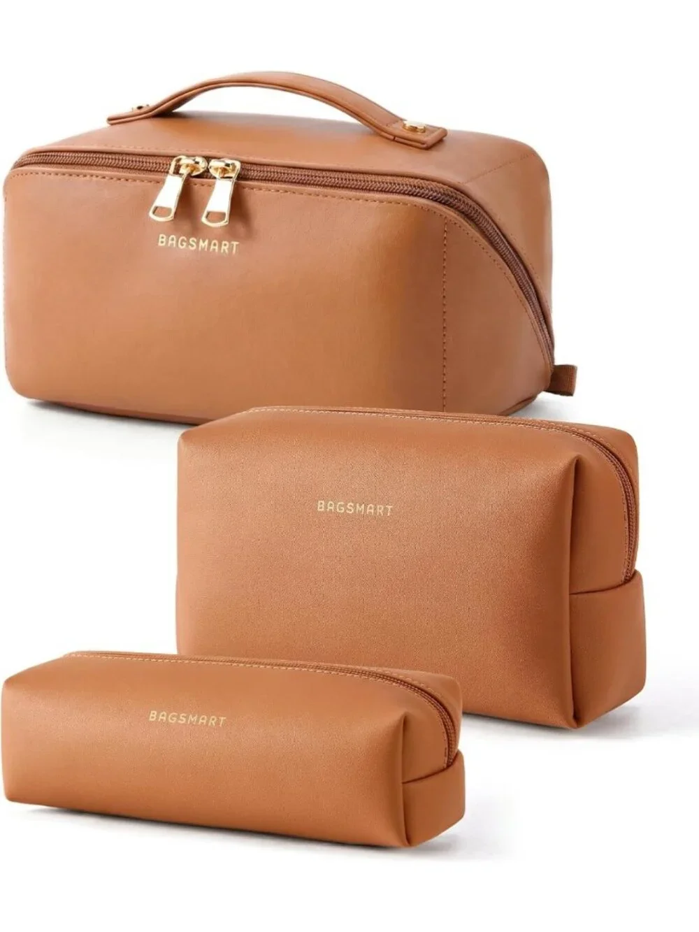 Travel Makeup Bag Set - 3 Pcs Cosmetic & Toiletry Organizer, Classic Brown